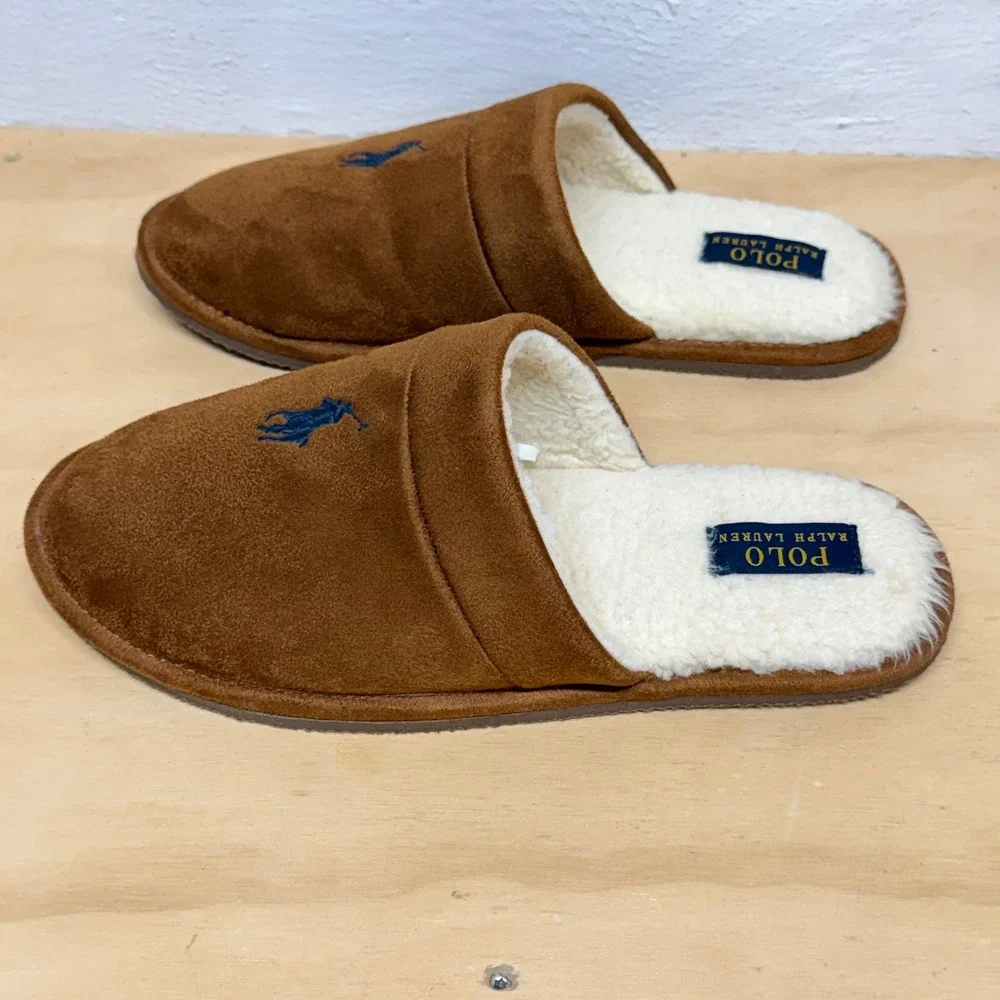 Polo Ralph Lauren Klarence Men 9 Brown Suede Faux Fur Scuff Slippers SMF3537ARL